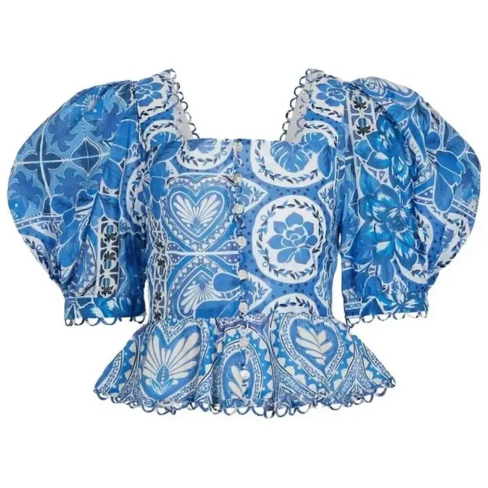 💕FARM RIO💕 Blue Tile Dream Short Sleeve Blouse ~ Floral Large L NWT *DAMAGED*